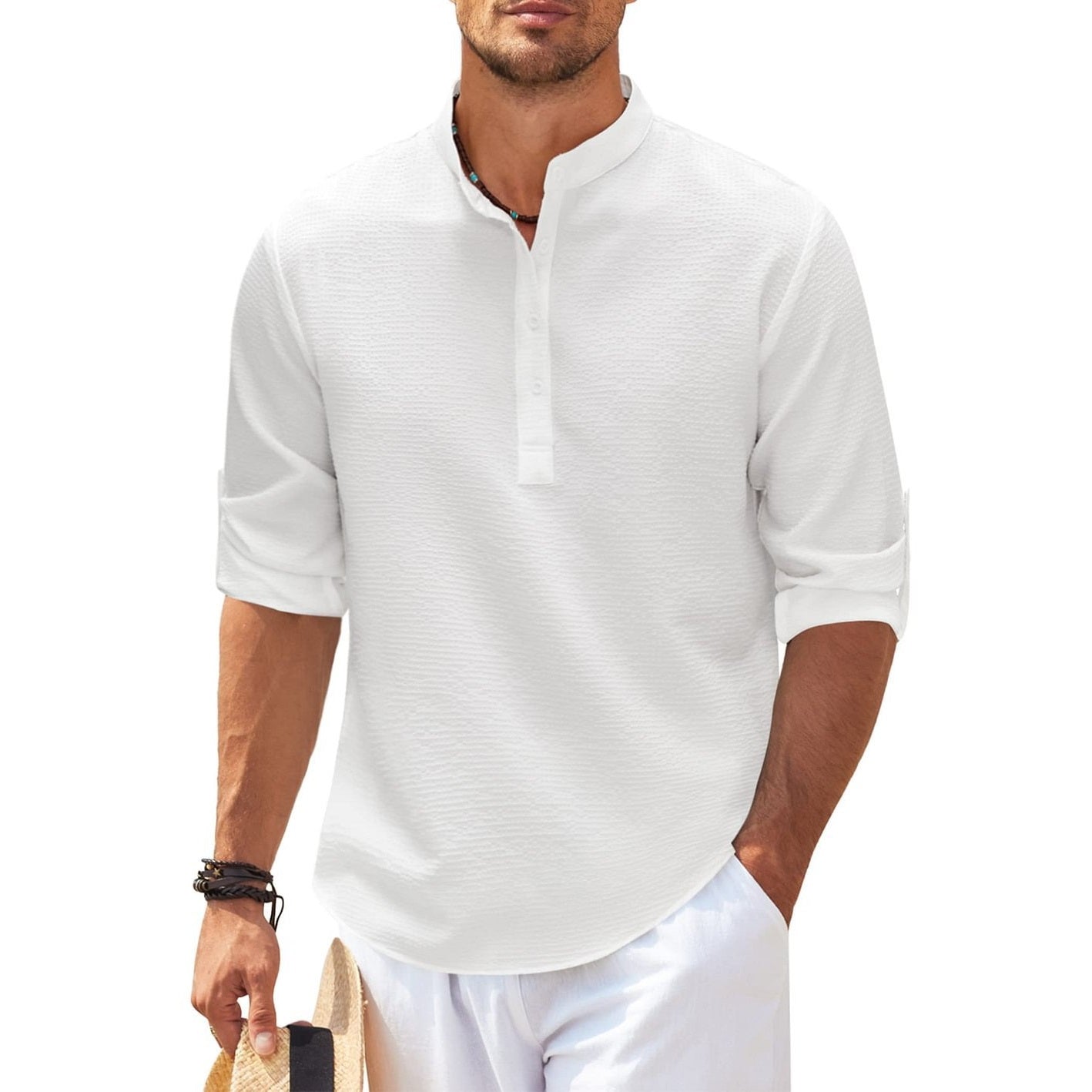 Men's Breathable Waffle Henley Long Sleeve Shirt