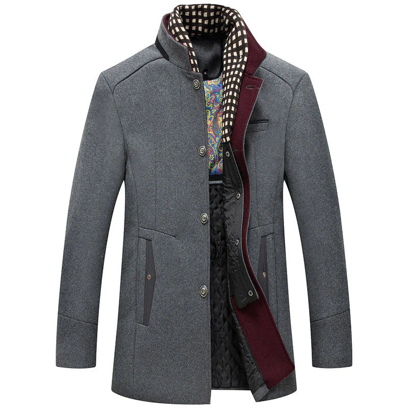 Men's Thick Stand Collar Detachable Scarf Wool Coat