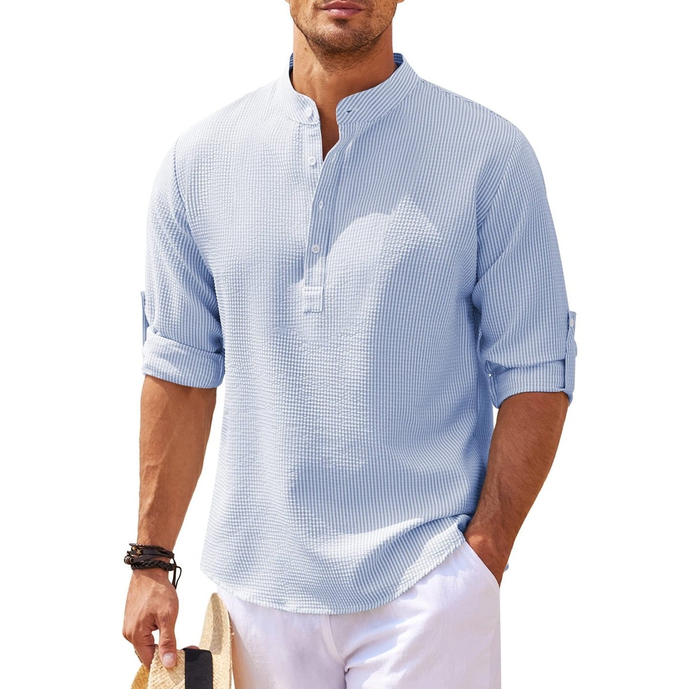 Men's Breathable Waffle Henley Long Sleeve Shirt